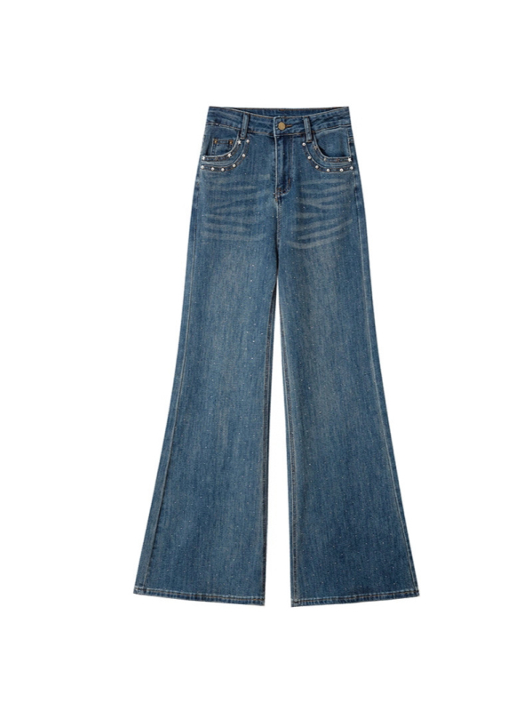 Traperice bootcut od pamukasto-elastičnog denima, visok struk, mikro flare, rhinestones ukrasi, zima 2025
