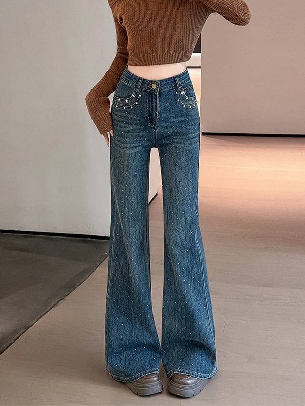Traperice bootcut od pamukasto-elastičnog denima, visok struk, mikro flare, rhinestones ukrasi, zima 2025