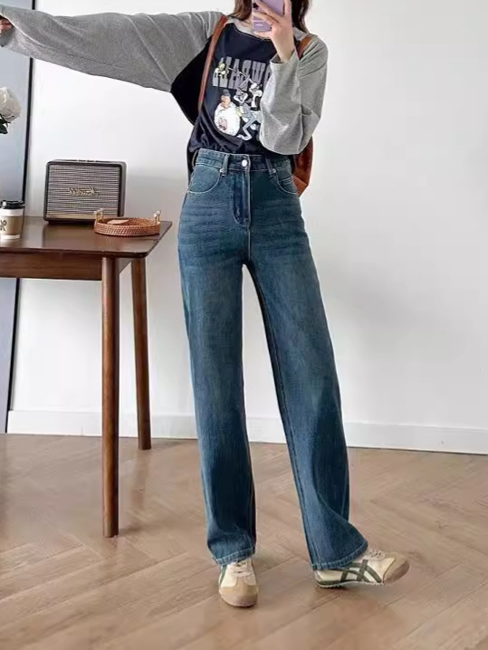 Дамски дънкови панталони с висока талия, прав крак, еластично деним, памук 50–70% и полиестер 30–50%