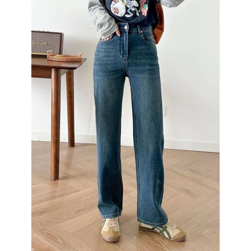 Дамски дънкови панталони с висока талия, прав крак, еластично деним, памук 50–70% и полиестер 30–50%