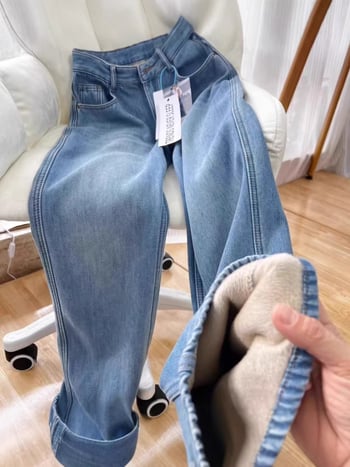 Дамски дънкови джинси с подплата от флис, висок талия, широки крачоли