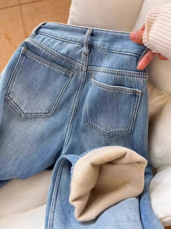 Дамски дънкови джинси с подплата от флис, висок талия, широки крачоли