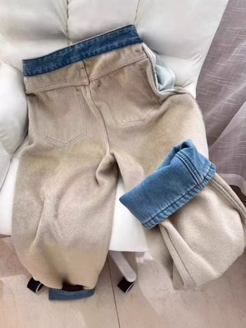 Дамски дънкови джинси с подплата от флис, висок талия, широки крачоли