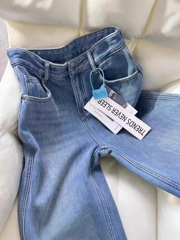 Дамски дънкови джинси с подплата от флис, висок талия, широки крачоли