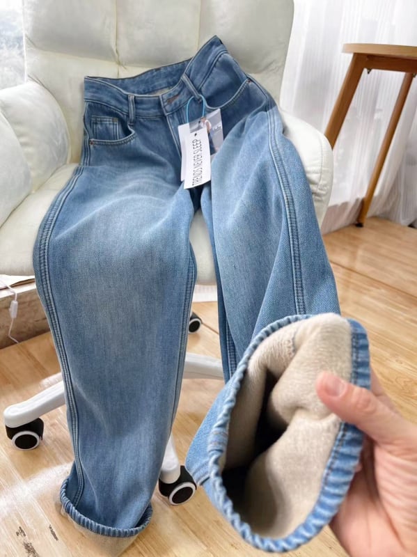 Дамски дънкови джинси с подплата от флис, висок талия, широки крачоли