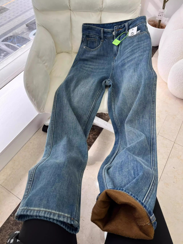 Дамски дънкови джинси с подплата от флис, висок талия, широки крачоли