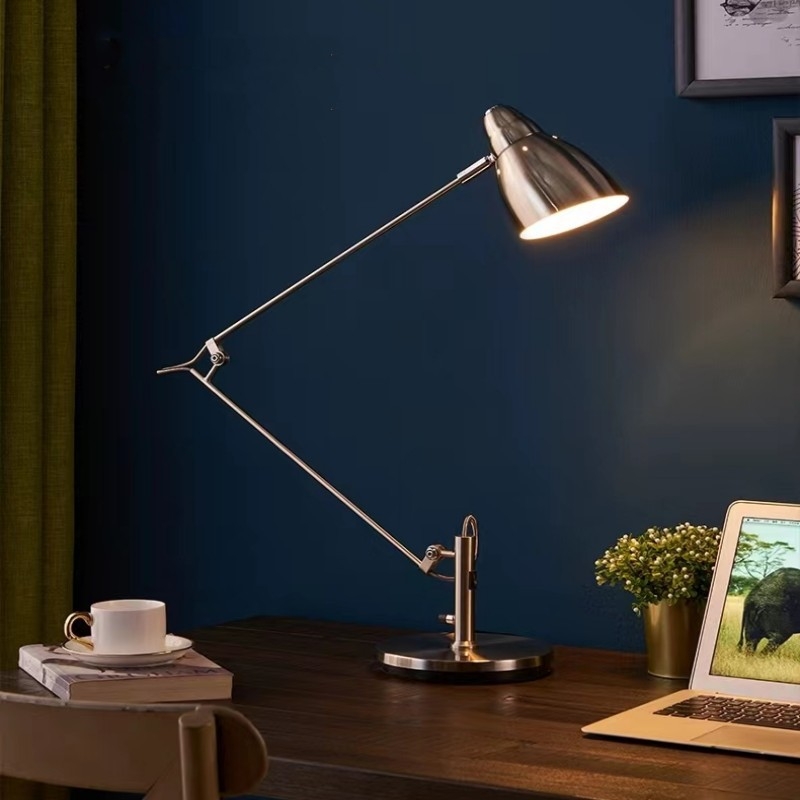 LED stolna lampa s dugim ramenom i sklopnim dizajnom – zaštita očiju, uredska, moderni minimalistički stil, model WL-9869, 111–240V, metalni abažur, gumbasti prekidač