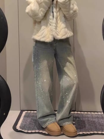 Дънки с кристали, висока талия, подплатени, удебелени