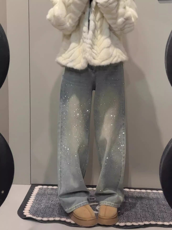 Дънки с кристали, висока талия, подплатени, удебелени