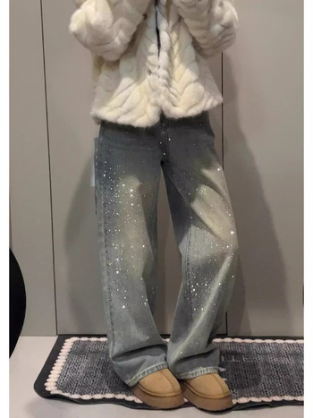 Дънки с кристали, висока талия, подплатени, удебелени