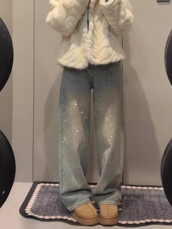 Дънки с кристали, висока талия, подплатени, удебелени