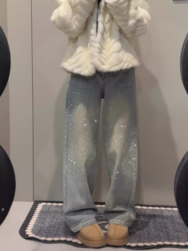 Дънки с кристали, висока талия, подплатени, удебелени