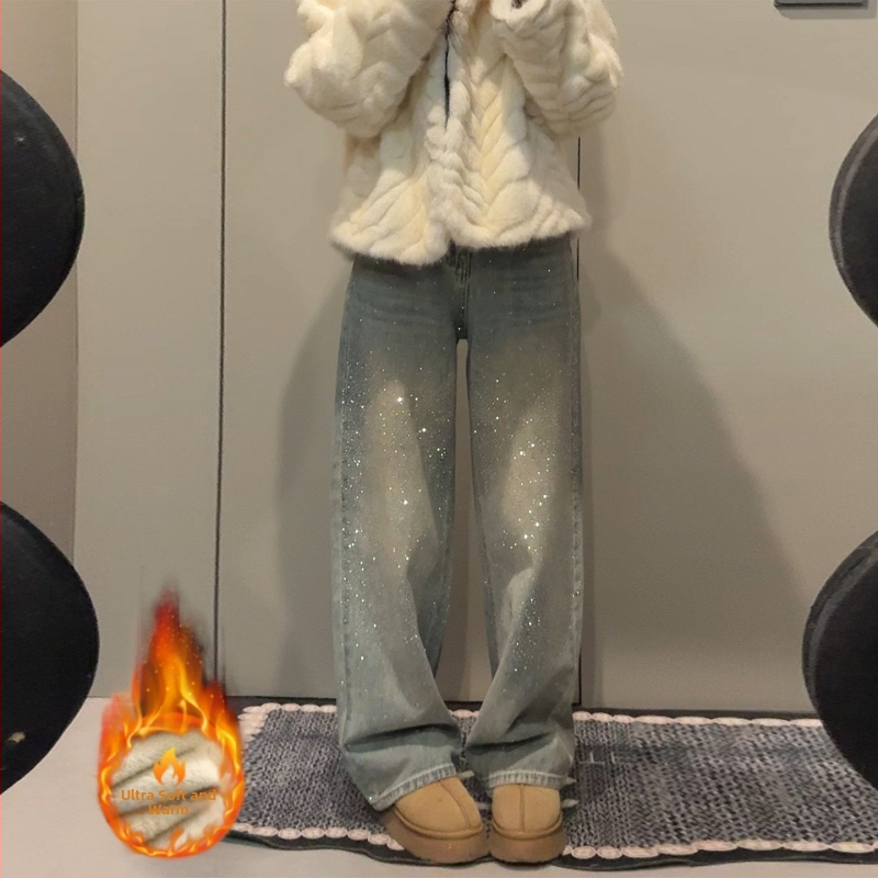 Дънки с кристали, висока талия, подплатени, удебелени