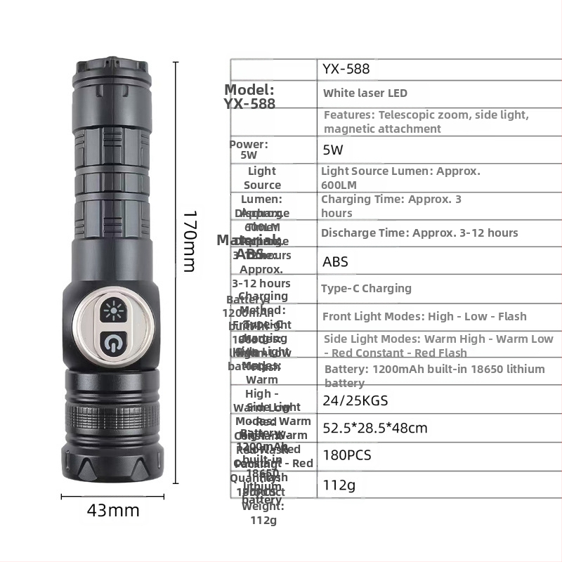 Φακός LED χειρός, 1000 lm, δέσμη 120°, εμβέλεια 200–500 m, ενσωματωμένη μπαταρία 18650 1200 mAh