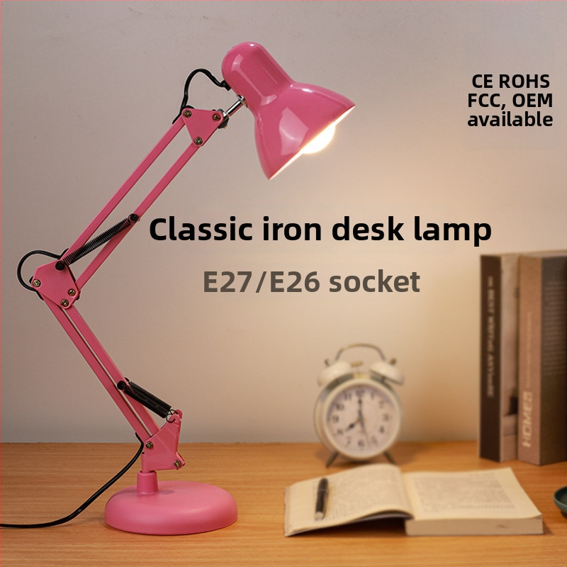 Hosszú karú fém asztali lámpa összecsukható karos kivitelben, CRI 80–89, gombos kapcsoló, konnektoros tápegység, tanulási fény