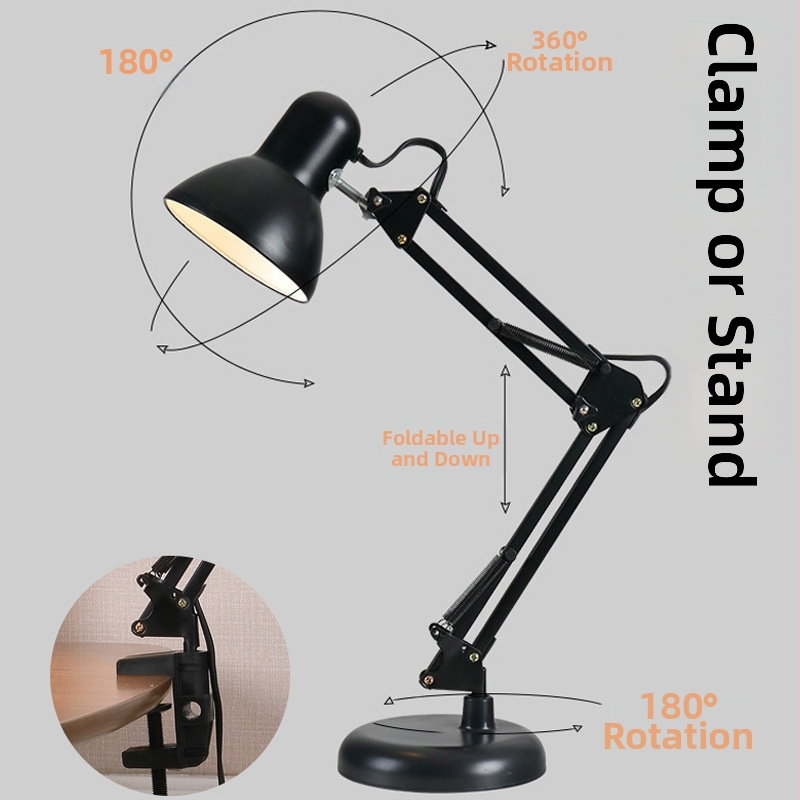 Hosszú karú fém asztali lámpa összecsukható karos kivitelben, CRI 80–89, gombos kapcsoló, konnektoros tápegység, tanulási fény