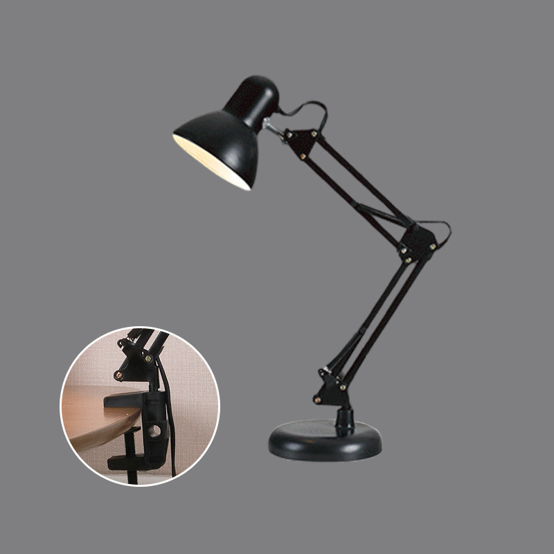 Hosszú karú fém asztali lámpa összecsukható karos kivitelben, CRI 80–89, gombos kapcsoló, konnektoros tápegység, tanulási fény