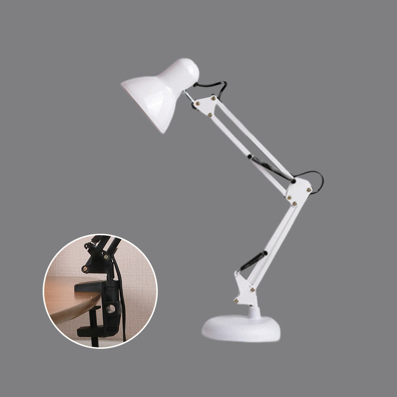 Hosszú karú fém asztali lámpa összecsukható karos kivitelben, CRI 80–89, gombos kapcsoló, konnektoros tápegység, tanulási fény