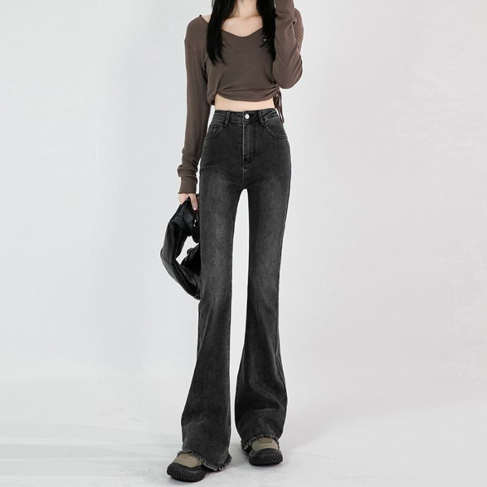 Дънки дамски с висока талия и камбановидни крачоли, с ефект на износване, памук 80–90%, кадифени детайли