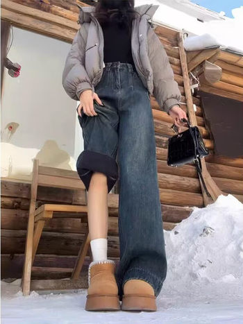 Дънки с широки крачоли, подплата от флис, висока талия, дълги до пода