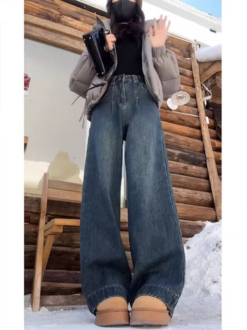 Дънки с широки крачоли, подплата от флис, висока талия, дълги до пода