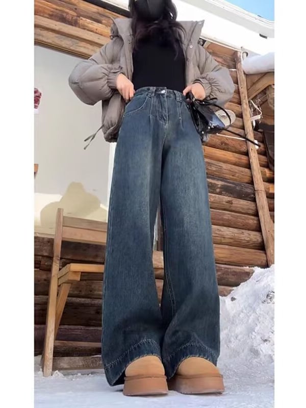 Дънки с широки крачоли, подплата от флис, висока талия, дълги до пода