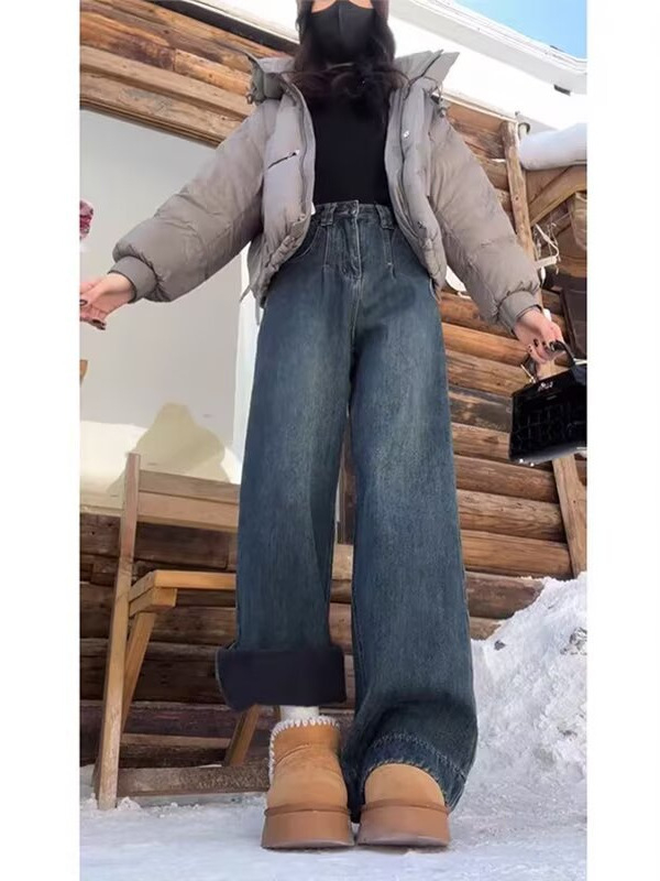 Дънки с широки крачоли, подплата от флис, висока талия, дълги до пода