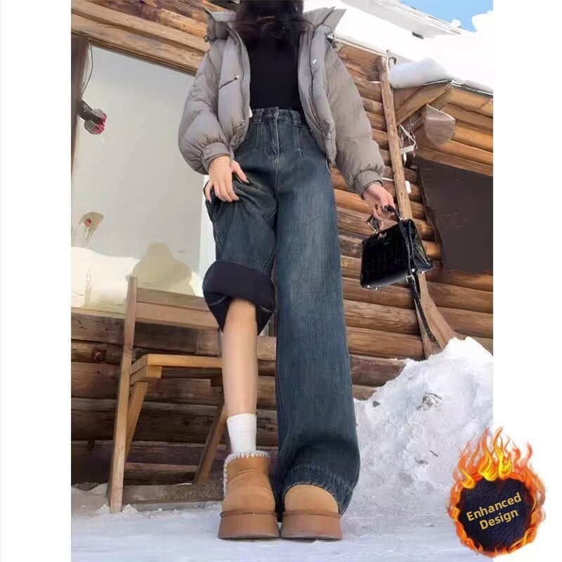 Дънки с широки крачоли, подплата от флис, висока талия, дълги до пода