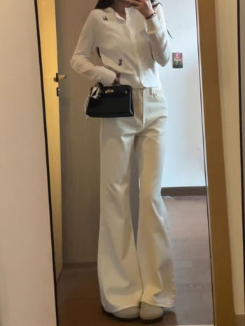 Женски дънки от деним памук с вътрешен флис, висока талия, клеш стил, дълги до пода