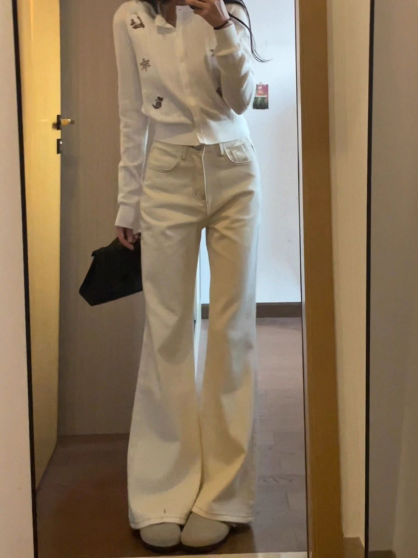 Женски дънки от деним памук с вътрешен флис, висока талия, клеш стил, дълги до пода