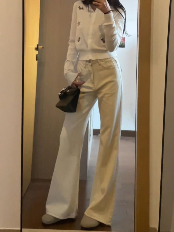 Женски дънки от деним памук с вътрешен флис, висока талия, клеш стил, дълги до пода