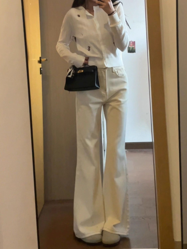 Женски дънки от деним памук с вътрешен флис, висока талия, клеш стил, дълги до пода