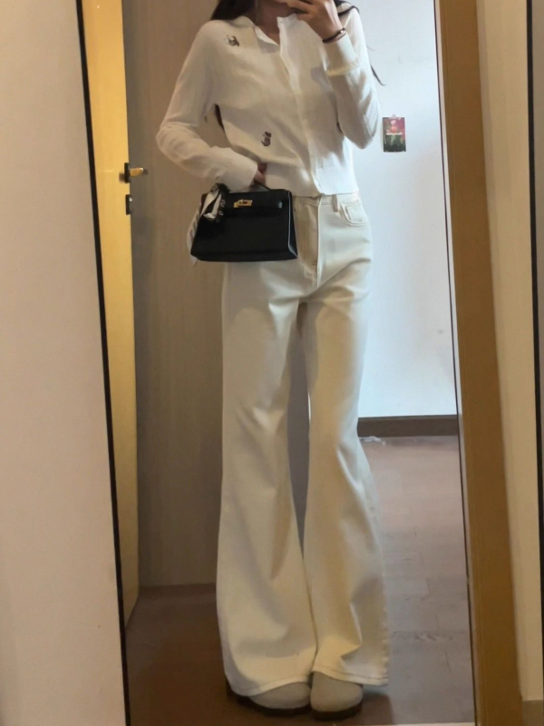 Женски дънки от деним памук с вътрешен флис, висока талия, клеш стил, дълги до пода