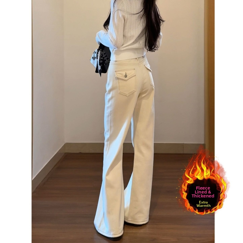 Женски дънки от деним памук с вътрешен флис, висока талия, клеш стил, дълги до пода