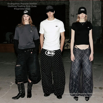 Женски дънки с широк крак от деним, свободна кройка, талия средна височина, 80–90% памук