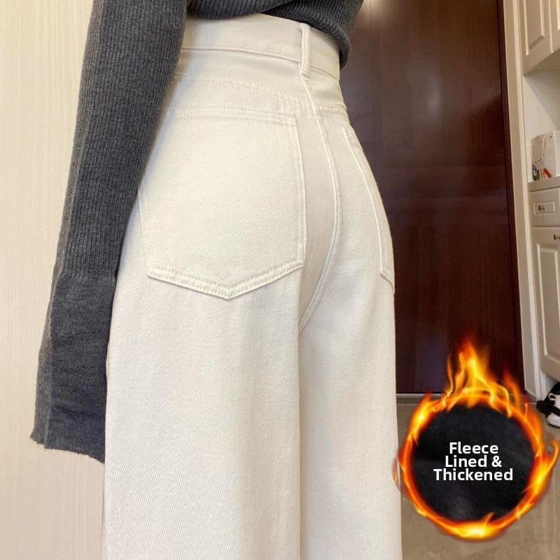 Дънки за жени с висока талия, широки крачоли, деним, с подплата от флис, дълги до пода