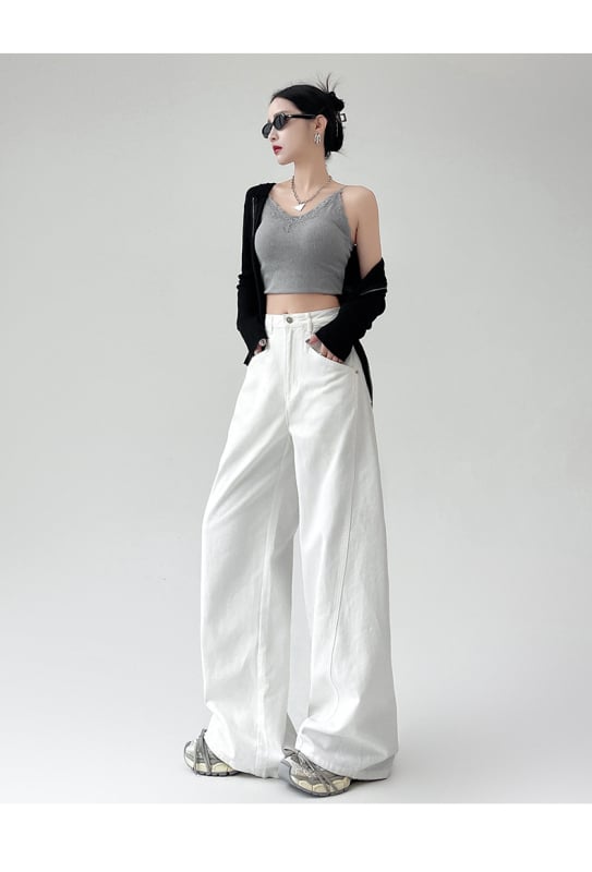 Дънки, висока талия, широки крачоли, памучна тъкан (70–80%), микроеластичност, композитно изпълнение, зима 2024.