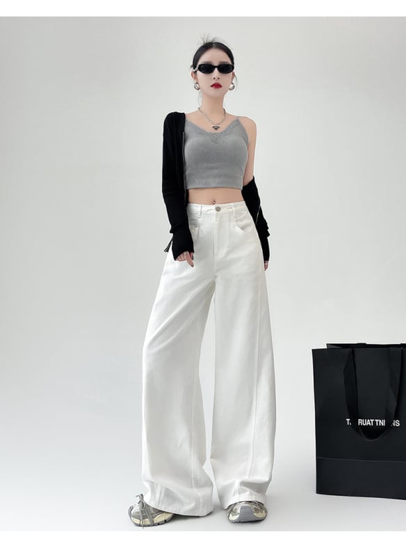 Дънки, висока талия, широки крачоли, памучна тъкан (70–80%), микроеластичност, композитно изпълнение, зима 2024.