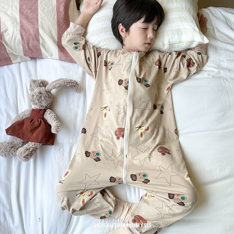 Детски гащеризон за спане с разделени крака – памук-ликра, 95% памук, защита на корема, стил корейски, за възраст 3–8 г., шарки животни/карикатури/точки