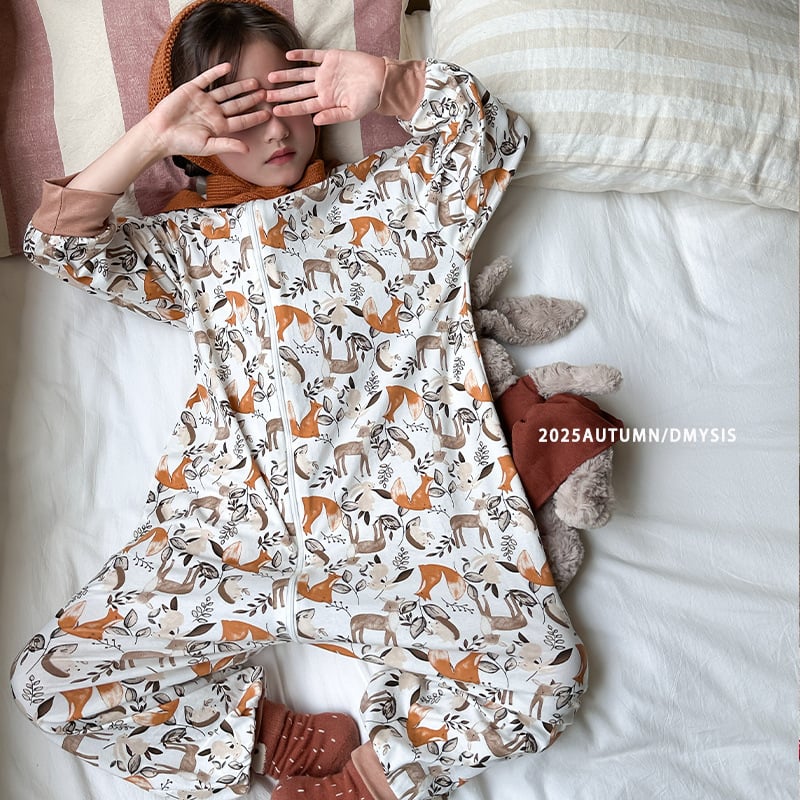 Детски гащеризон за спане с разделени крака – памук-ликра, 95% памук, защита на корема, стил корейски, за възраст 3–8 г., шарки животни/карикатури/точки