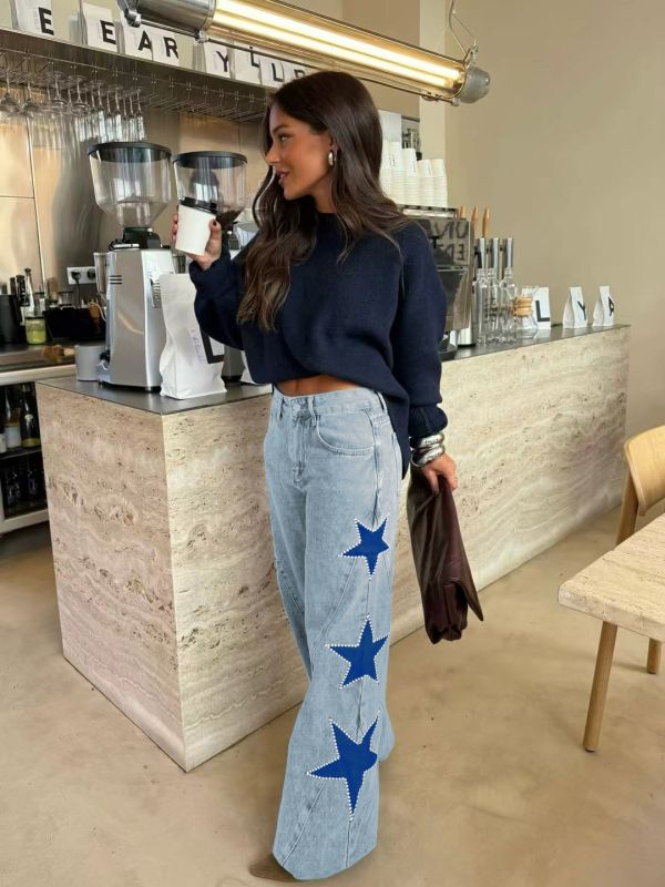 Traperice od denima s dizajnom zvijezde s petokrakom, opuštenog ravnog kroja, srednja visina struka, pamuk-poliester denim