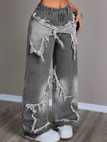 Traperice s američkim retro patchworkom zvijezdama, duga ravna kroja, visokim strukom, oprani denim, sirovi rubovi