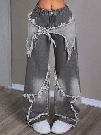 Traperice s američkim retro patchworkom zvijezdama, duga ravna kroja, visokim strukom, oprani denim, sirovi rubovi
