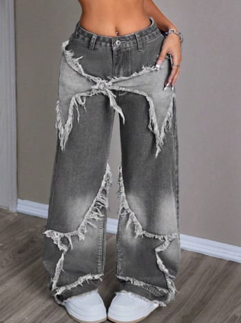 Traperice s američkim retro patchworkom zvijezdama, duga ravna kroja, visokim strukom, oprani denim, sirovi rubovi