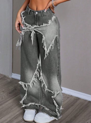 Traperice s američkim retro patchworkom zvijezdama, duga ravna kroja, visokim strukom, oprani denim, sirovi rubovi