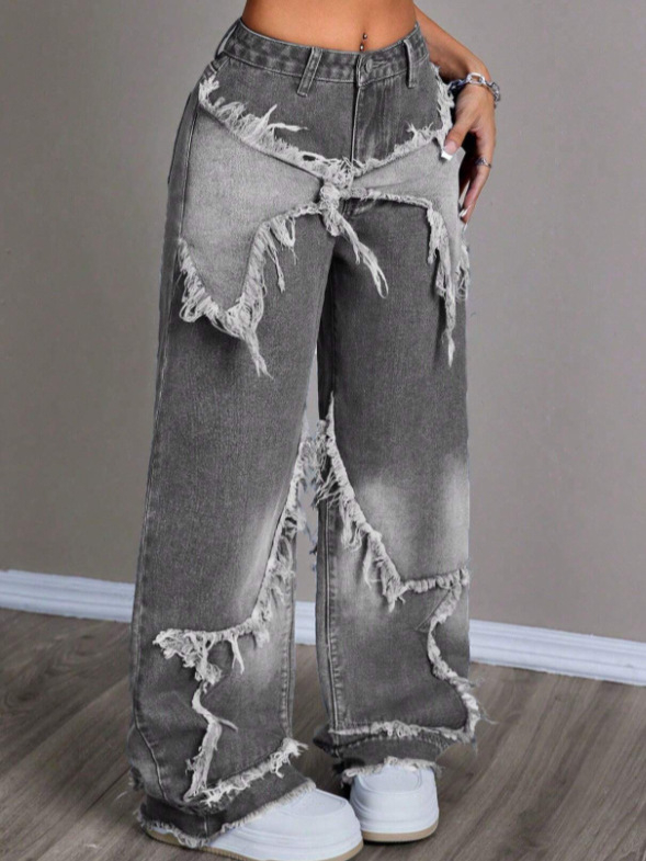 Traperice s američkim retro patchworkom zvijezdama, duga ravna kroja, visokim strukom, oprani denim, sirovi rubovi