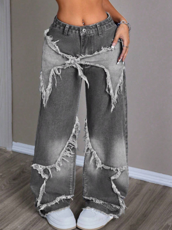 Traperice s američkim retro patchworkom zvijezdama, duga ravna kroja, visokim strukom, oprani denim, sirovi rubovi