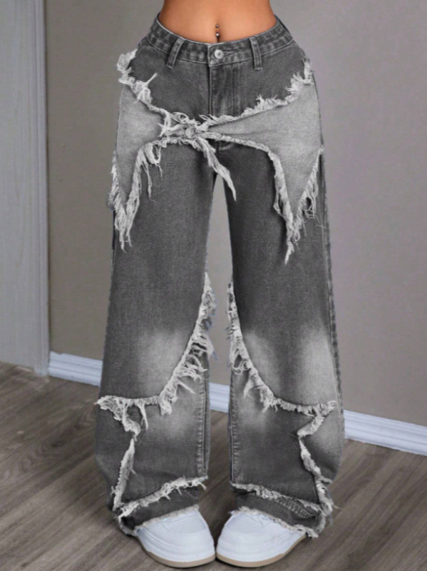 Traperice s američkim retro patchworkom zvijezdama, duga ravna kroja, visokim strukom, oprani denim, sirovi rubovi