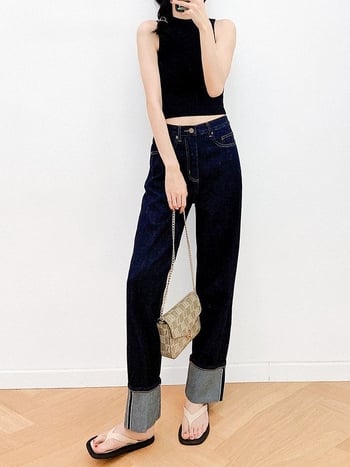 женски дънки от деним с прав крак, висока талия, памук 90-95%, измит деним