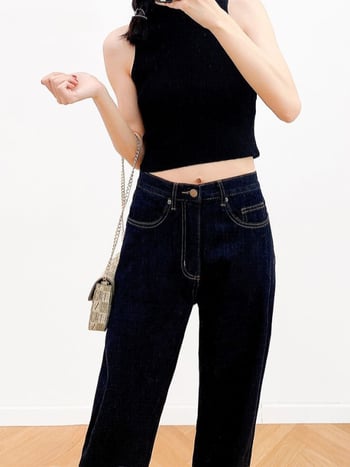 женски дънки от деним с прав крак, висока талия, памук 90-95%, измит деним